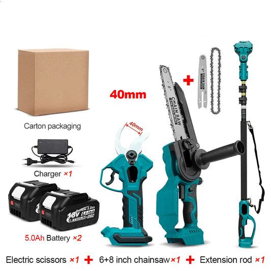 40mm Snoeischaar - Takkenschaar - Tuingereedschap - Snoeizaag - Borstelloos & Draadloos - Inclusief 6 + 8inch Kettingzaag - Takkenzaag - Handzaag - Efficiënte Elektrische Pruner voor Bomen & Bonsai – met 2x5.0Ah Batterij - QUORE