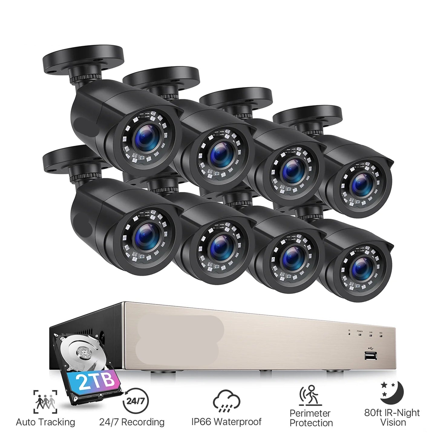 Beveiligingscamerasysteem - CCTV Camerasysteem - 265+ 5MP Lite DVR -  8-Kanaals - Openlucht- IP66 Waterdichte - Bewakingscamera - Beveiligingscamera - 1080p Camera – Nachtzicht – Complete Video Surveillance Kit - 1TB Harde Schijf - 8 Stuks - Zwart