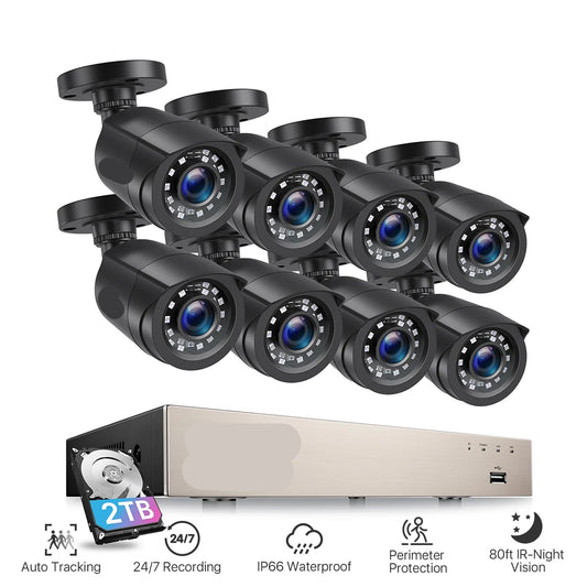 Beveiligingscamerasysteem - CCTV Camerasysteem - 265+ 5MP Lite DVR -  8-Kanaals - Openlucht- IP66 Waterdichte - Bewakingscamera - Beveiligingscamera - 1080p Camera – Nachtzicht – Complete Video Surveillance Kit - 1TB Harde Schijf - 8 Stuks - Zwart