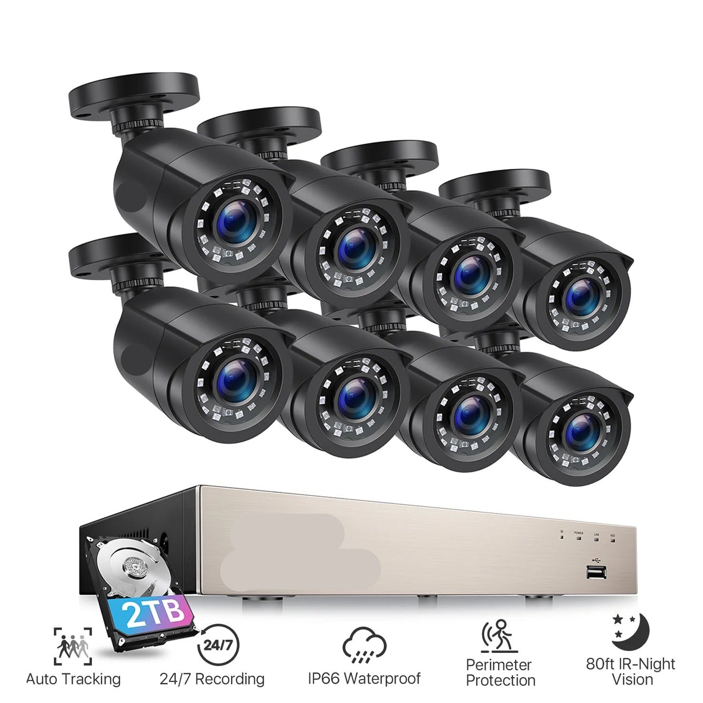 Beveiligingscamerasysteem - CCTV Camerasysteem - 265+ 5MP Lite DVR -  8-Kanaals - Openlucht- IP66 Waterdichte - Bewakingscamera - Beveiligingscamera - 1080p Camera – Nachtzicht – Complete Video Surveillance Kit - Zonder Harde Schijf - 8 Stuks - Zwart - QUORE