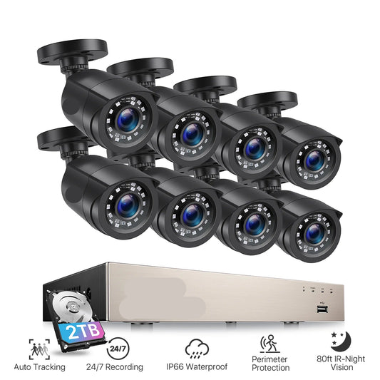 Beveiligingscamerasysteem - CCTV Camerasysteem - 265+ 5MP Lite DVR -  8-Kanaals - Openlucht- IP66 Waterdichte - Bewakingscamera - Beveiligingscamera - 1080p Camera – Nachtzicht – Complete Video Surveillance Kit - Zonder Harde Schijf - 8 Stuks - Zwart - QUORE
