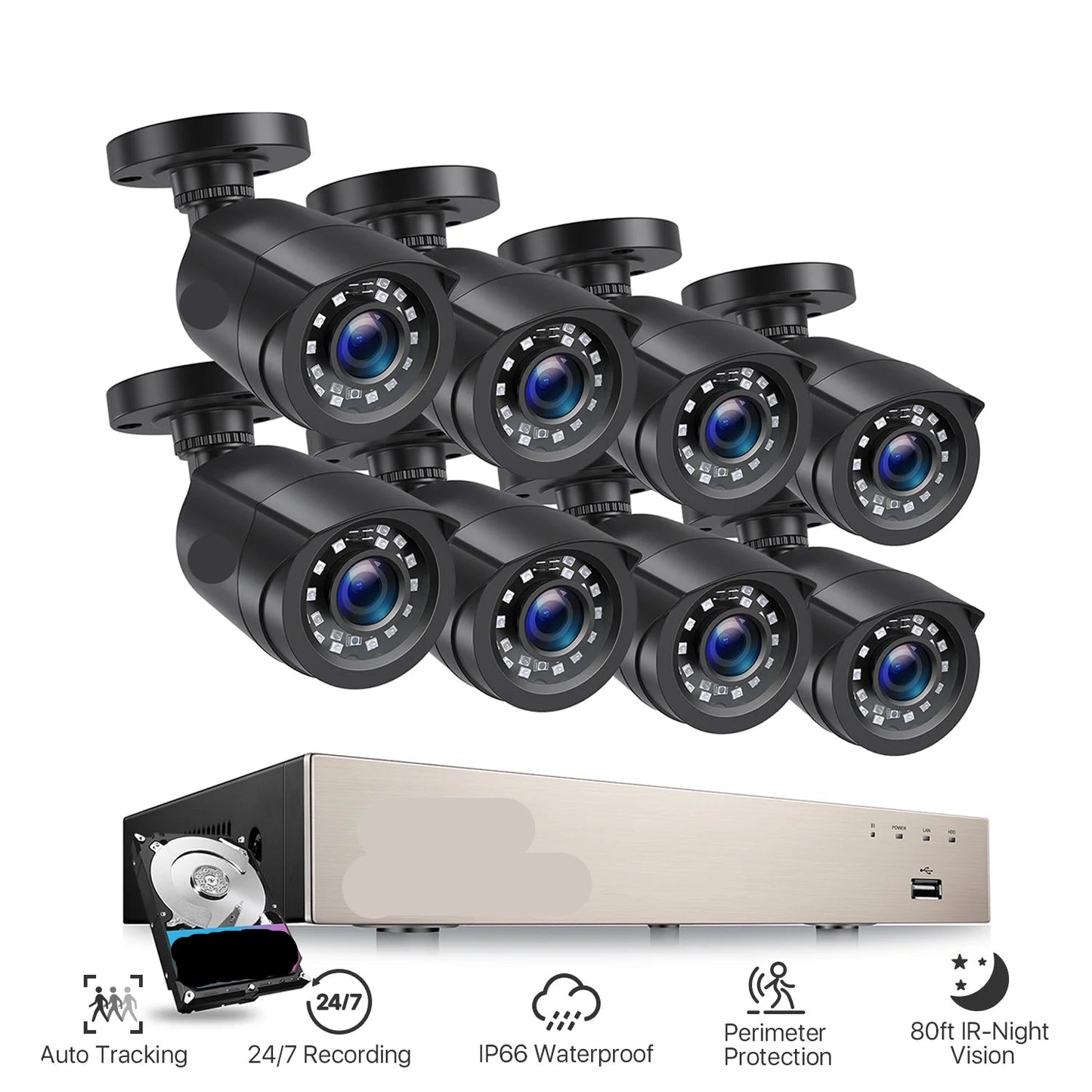 Beveiligingscamerasysteem - CCTV Camerasysteem - H.265+ 5MP Lite DVR - 8-Kanaals - IP66 Waterdichte Bewakingscamera's - 1080p Camera - Nachtzicht - Complete Video Surveillance Kit - Zonder Harde Schijf - 8 Stuks - Zwart