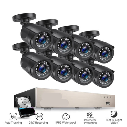 Beveiligingscamerasysteem - CCTV Camerasysteem - H.265+ 5MP Lite DVR - 8-Kanaals - IP66 Waterdichte Bewakingscamera's - 1080p Camera - Nachtzicht - Complete Video Surveillance Kit - Zonder Harde Schijf - 8 Stuks - Zwart