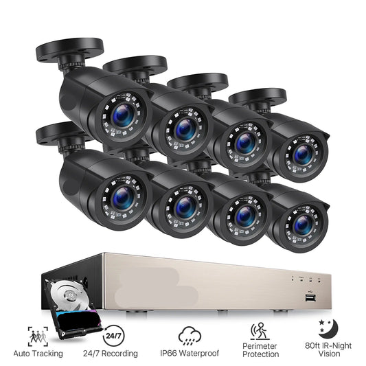 Beveiligingscamerasysteem - CCTV Camerasysteem - H.265+ 5MP Lite DVR - 8-Kanaals - IP66 Waterdichte Bewakingscamera’s - 1080p Camera - Nachtzicht - Complete Video Surveillance Kit - 1TB Harde Schijf - 8 Stuks - Zwart