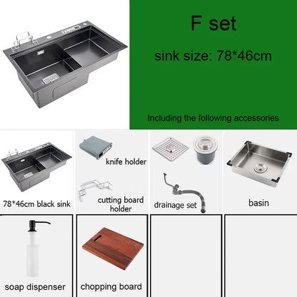 High and low kitchen sink With knife holder Cutting board rack stainless steel pia Matte black sink vegetable washing basin