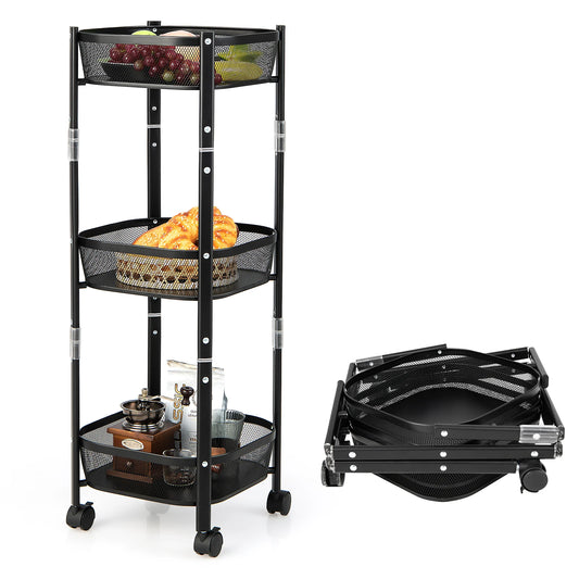 Opvouwbare 3-laagse Keuken- en Badkamer Trolley – Multifunctionele Opslagkar met Gaasmanden – Rijdende Organizer voor Keuken, Woonkamer, Slaapkamer, Babykamer – Zwart