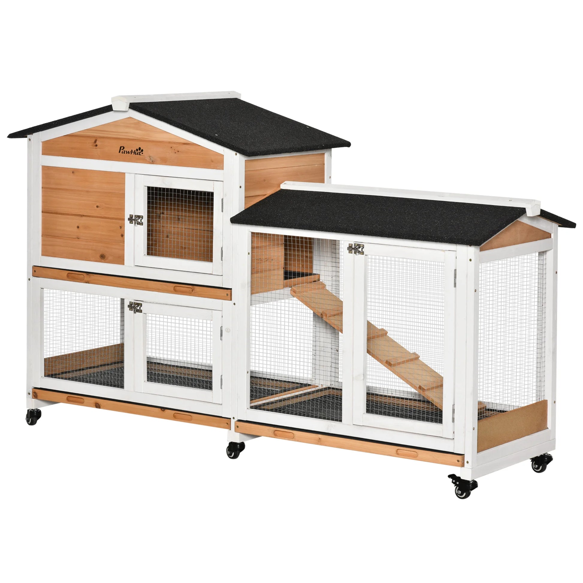 Houten Konijnenhok – Knaagdierkooi – Buitenhok – Cavia Verblijf – Dierverblijf – Met Wieltjes – Natuurlijk Houten Dak Met Asfaltlaag – 157,4 x 53 x 99,5 cm - QUORE