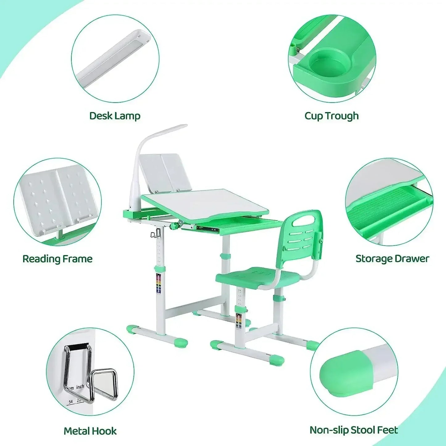 Kinderbureau – Kinderbureau Met Stoel – Kinderstudietafel – Kindertafel – Kinderbureau Met LED Bureaulamp – Verstelbare Hoogte 54-76,5 cm – Kantelbaar Tafelblad Tot 50° - QUORE