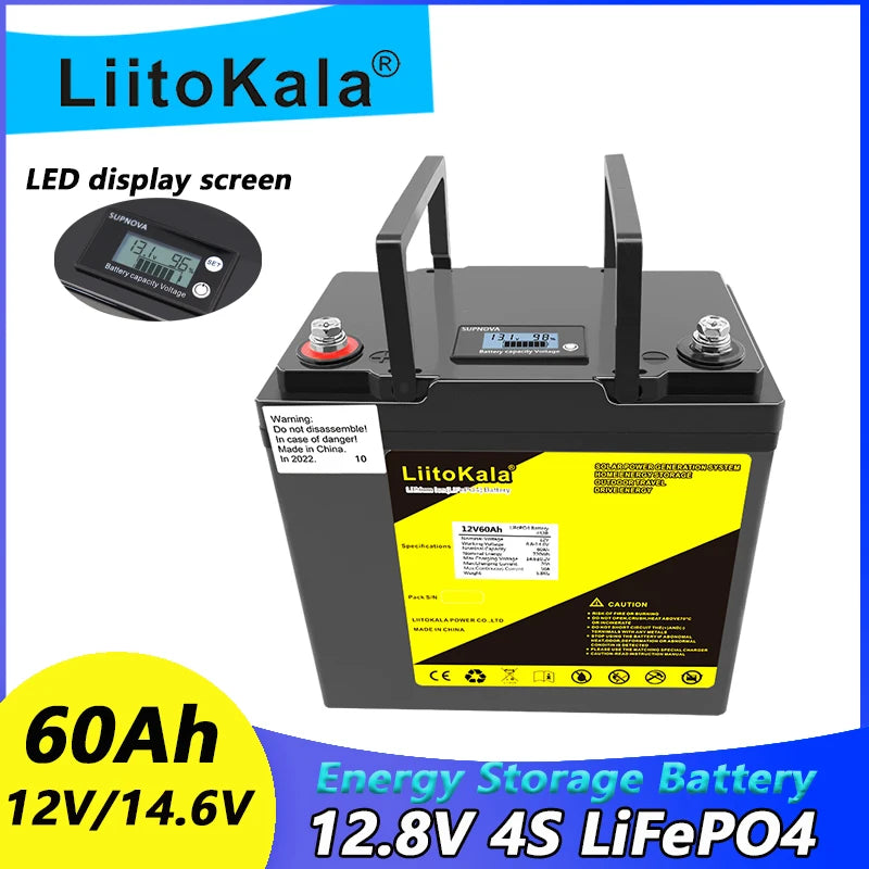 12V 60Ah LiFePO4 Accu – Lithium Accu – Camper Accu – Golfkar Accu – Off-grid Accu – Met LCD-Display – Hoge Ontlaadstroom 100A