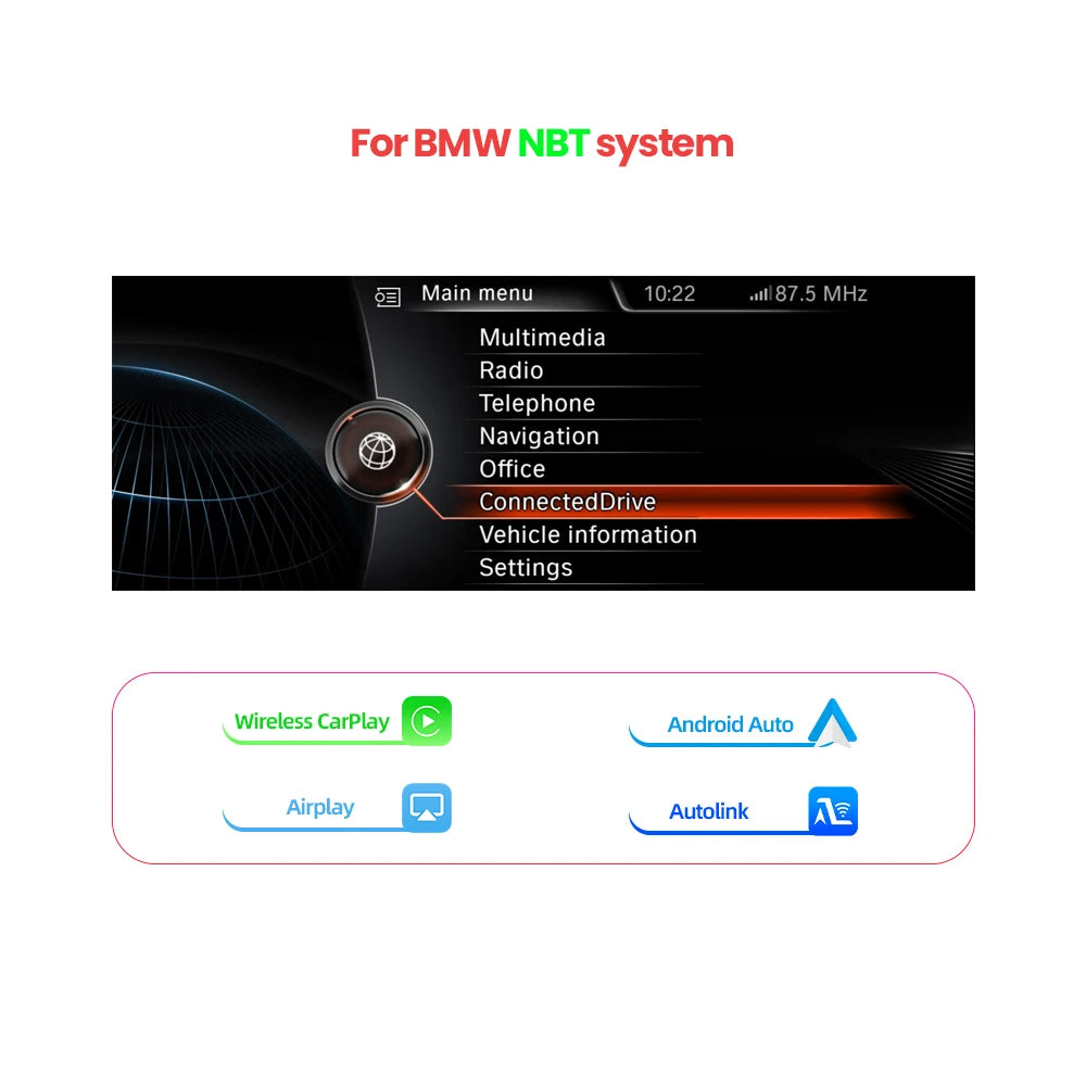CarPlay Interface BMW NBT EVO – Draadloze CarPlay – Android Auto Adapter – Smartphone Integratie – Plug & Play Installatie – Geschikt Voor BMW Serie 1 t/m 7 – Behoud Originele Look - QUORE