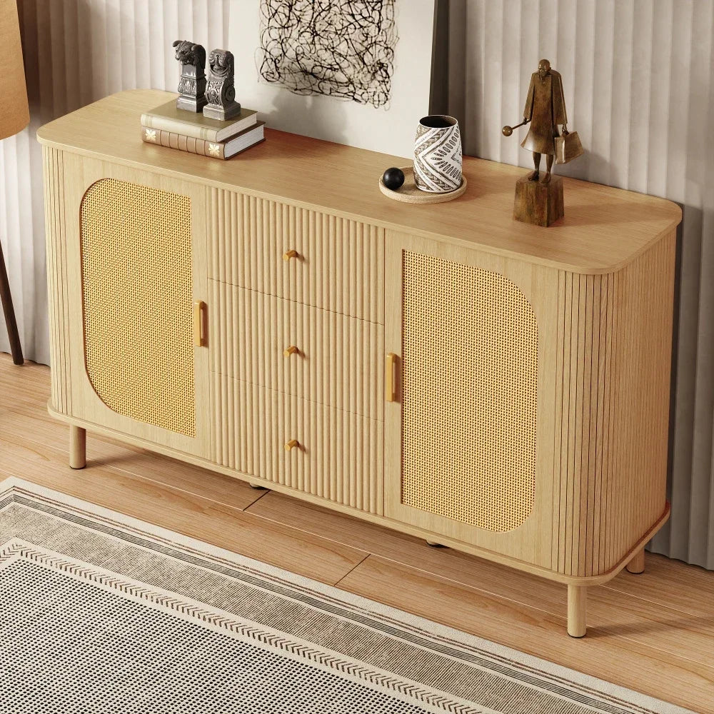 Dressoir – Tv Meubel – Kast – Opbergkast – Wandmeubel – Modern Design Met Rattan Deuren – Met Kabeldoorvoer En Robuuste Metalen Poten