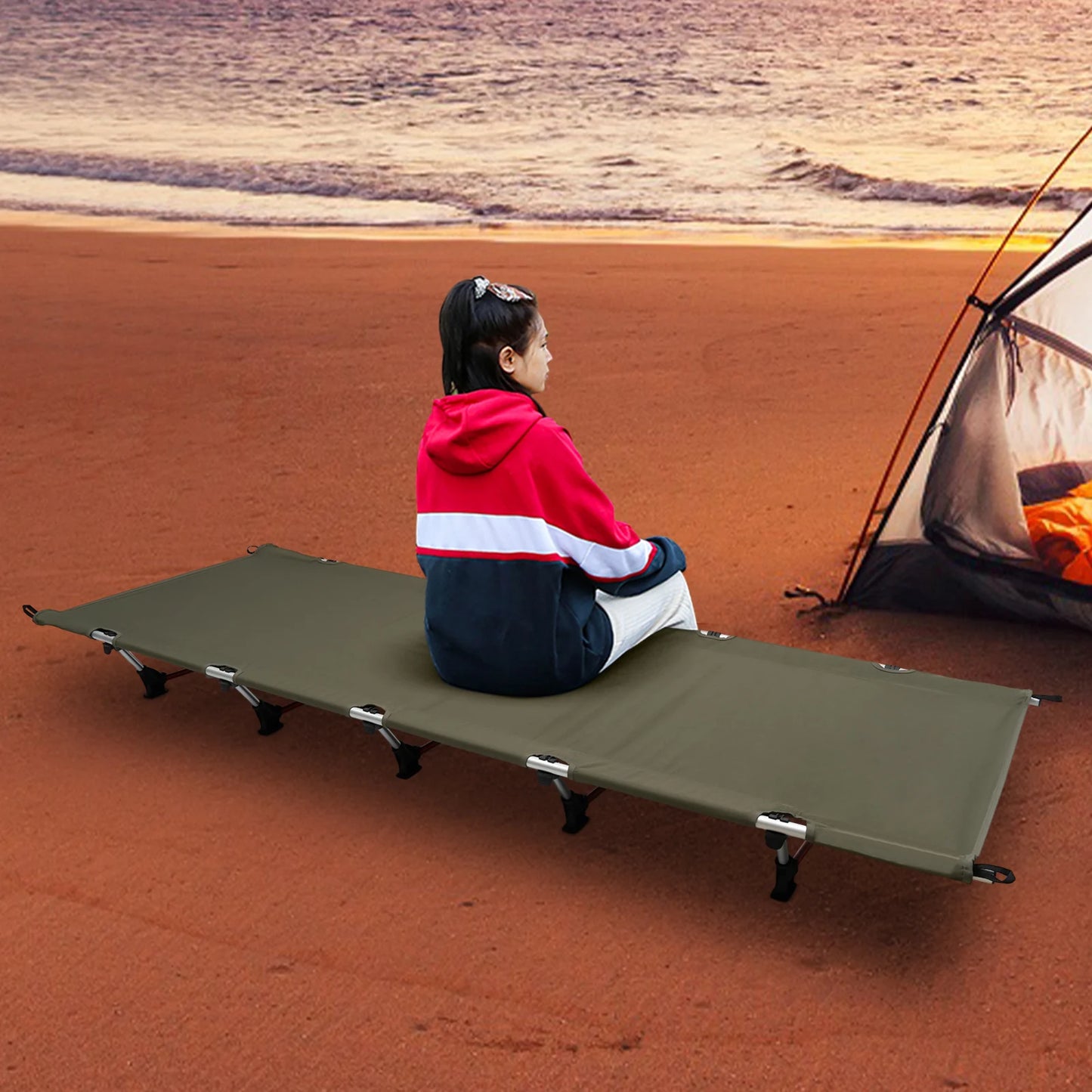 Opvouwbaar Campingbed met Draagtas – Inklapbaar Veldbed & Ligbed – 190x65x15 cm – Lichtgewicht Kampeerbed – Stevig Klapbed – Legergroen – Voor Outdoor & Vakantie