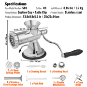 Manual Meat Grinder - For all types of Meat - 304 Stainless Steel - Meat Grinder - Food Grinder Machine - Meat Grinder with Suction Cup - Silver