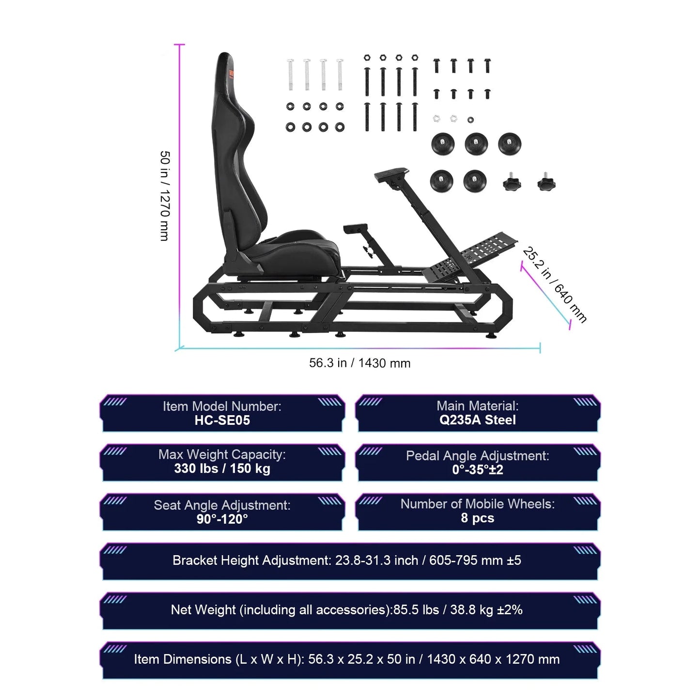 Racestoel - Cockpit Simulator - Volledig Verstelbaar - Met Beeldscherm Bevestiging - Bruikbaar met Racestoel - Stabiel Frame - Klein - 330 kg Draagkracht - Met Comfortabele Stoel