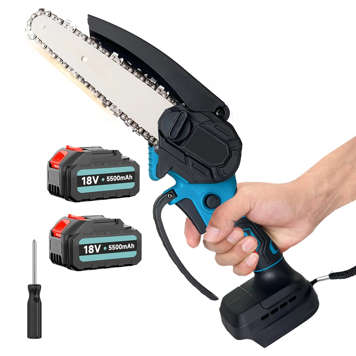 Mini Kettingzaag - Kettingzaag - Snoeizaag - Takkenzaag - Handzaag - Draadloze - 6 Inch - 450W - 3300RPM - 18V - Draagbaar en Veilig - 2 Accu - QUORE