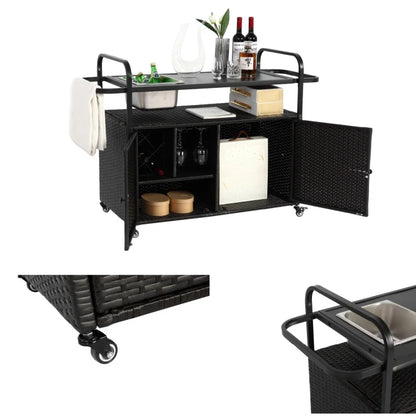 Outdoor Bartafel – Mobiele Tafel – Tuinbar – Balkonmeubel – Stevige Wielen Met Rem – RVS Tafelblad