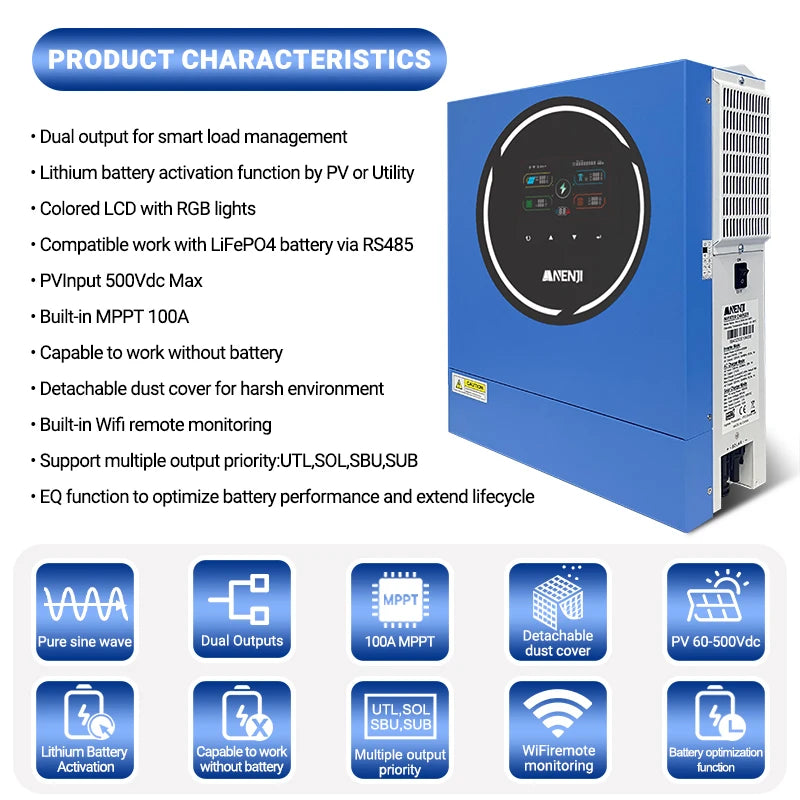 Hybride 5 kW Solar Omvormer – Zonne-energie Inverter – Netgekoppeld Converter – Dubbele Uitgang Omvormer – 48V Batterijcompatibel – Pure Sinusgolf – Ingebouwde WiFi & RGB Display