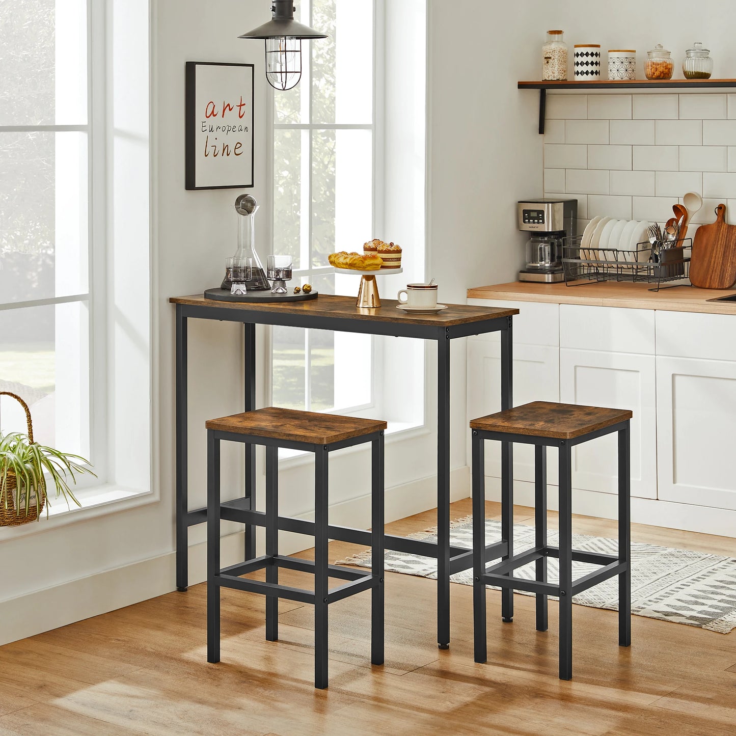 Bartafelset - Hoge Tafel - Metalen Frame -Industrieel Ontwerp - Voor Eetkamer - Woonkamer - Vintage Bruin - (100 x 40 x 90 cm) met 2 Barkrukken (elk 30 x 40 x 65 cm) - Zwart - QUORE