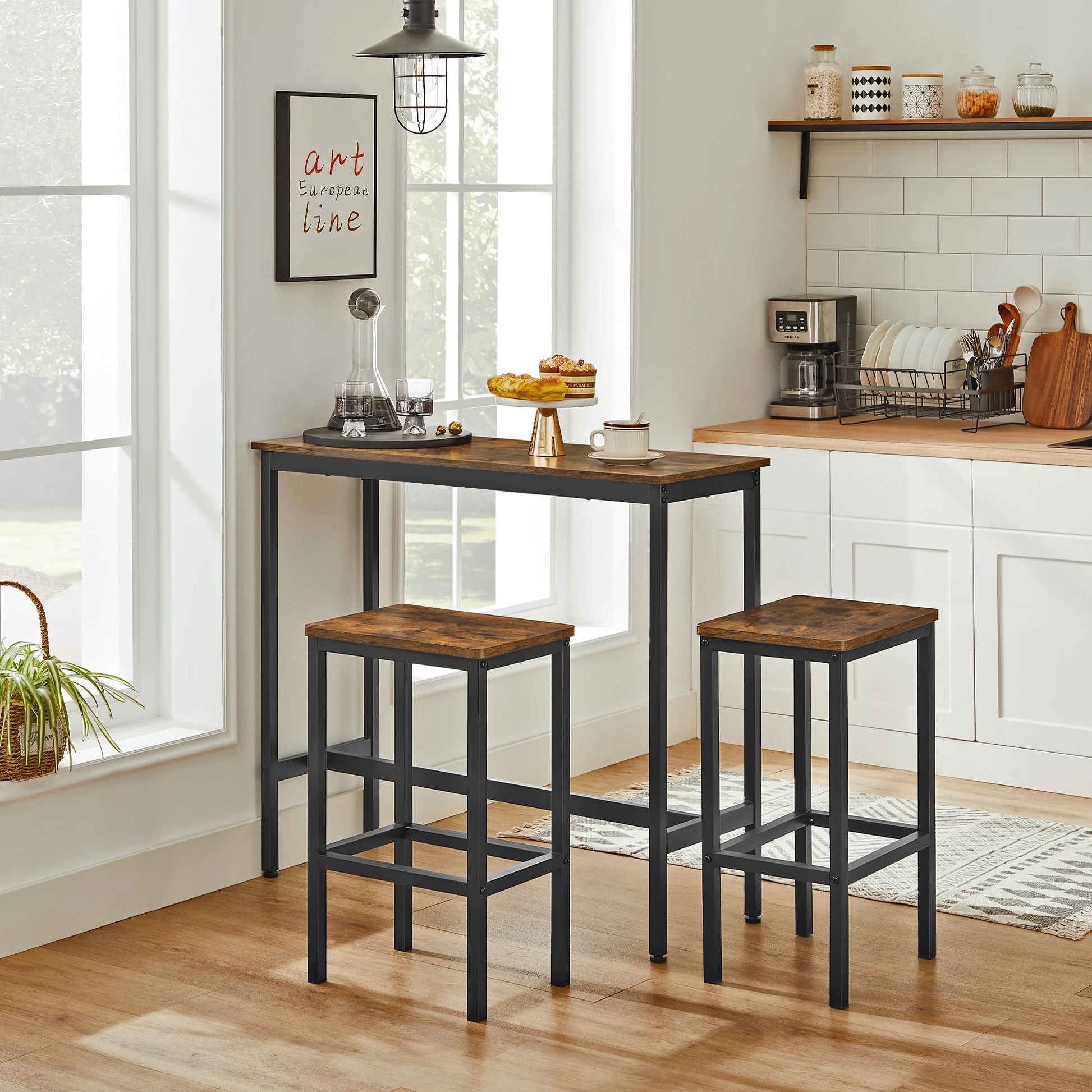 Bartafelset - Hoge Tafel - Metalen Frame -Industrieel Ontwerp - Voor Eetkamer - Woonkamer - Vintage Bruin - (100 x 40 x 90 cm) met 2 Barkrukken (elk 30 x 40 x 65 cm) - Zwart - QUORE