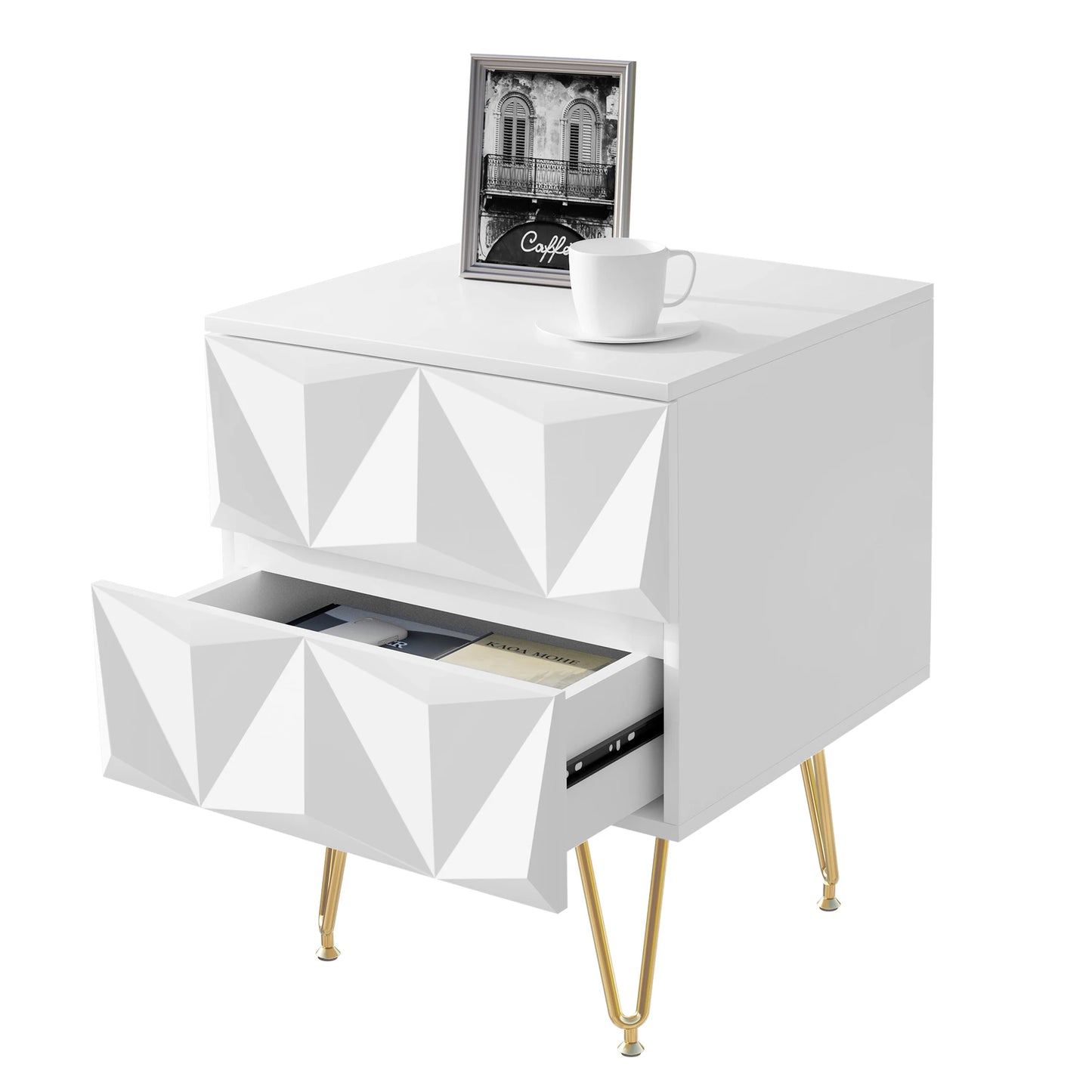 Nachtkastje met Geometrisch Design – Moderne Bedkast met 2 Lades en 3D-Effect – Witte & Gouden Afwerking – Compacte Ladekast 40x53x40 cm – Stijlvol voor Slaapkamer - QUORE