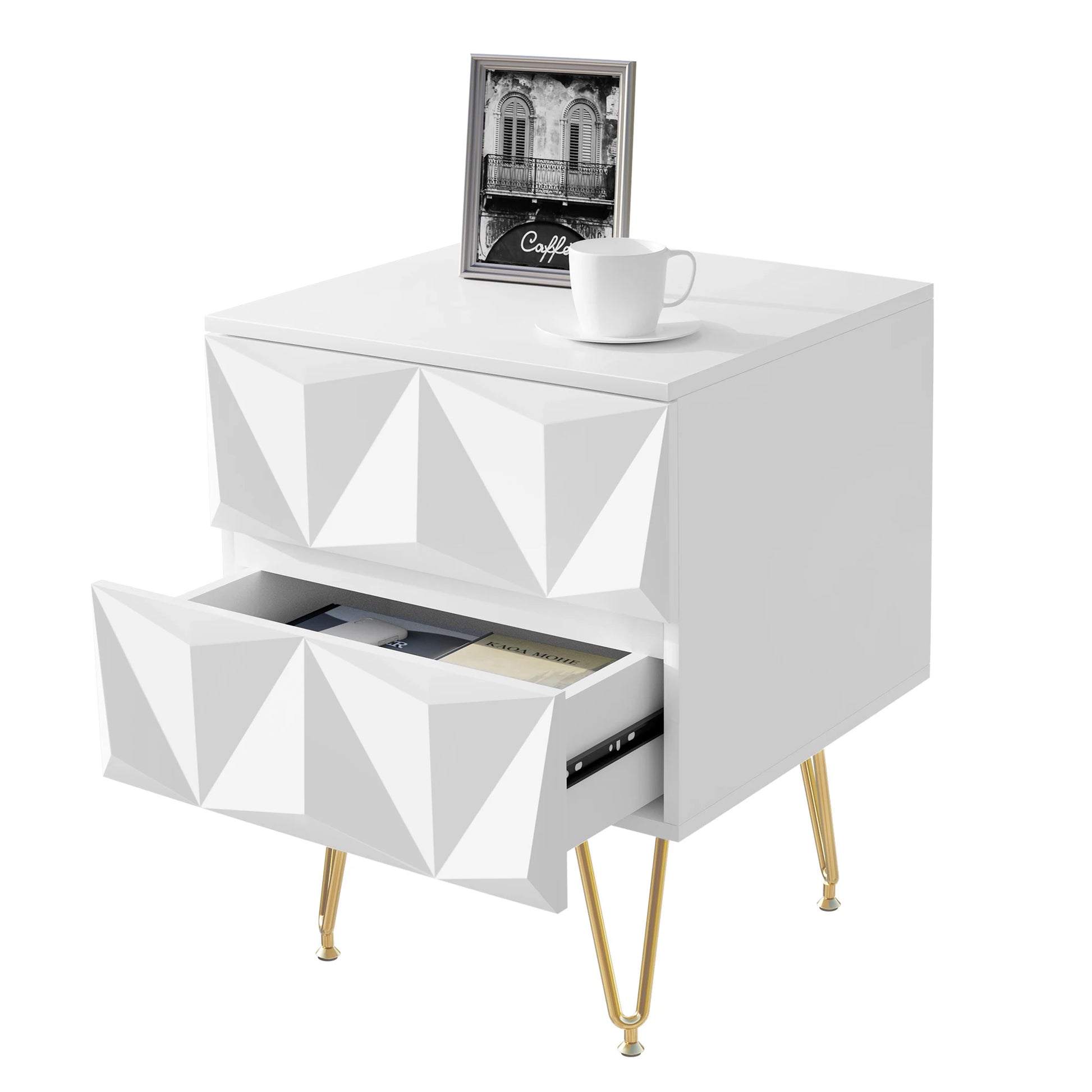 Nachtkastje met Geometrisch Design – Moderne Bedkast met 2 Lades en 3D-Effect – Witte & Gouden Afwerking – Compacte Ladekast 40x53x40 cm – Stijlvol voor Slaapkamer - QUORE