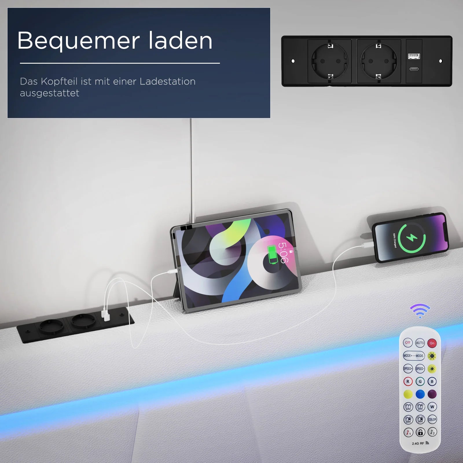 Led Boxspringbed – Gestoffeerd Bed – Opbergruimte Bed – Bedframe Met LED Verlichting – Boxspringbed 140x200 cm – Ingebouwde USB & AC Stopcontacten – Hoogwaardig PU Kunstleer - 90x200cm - Wit - QUORE