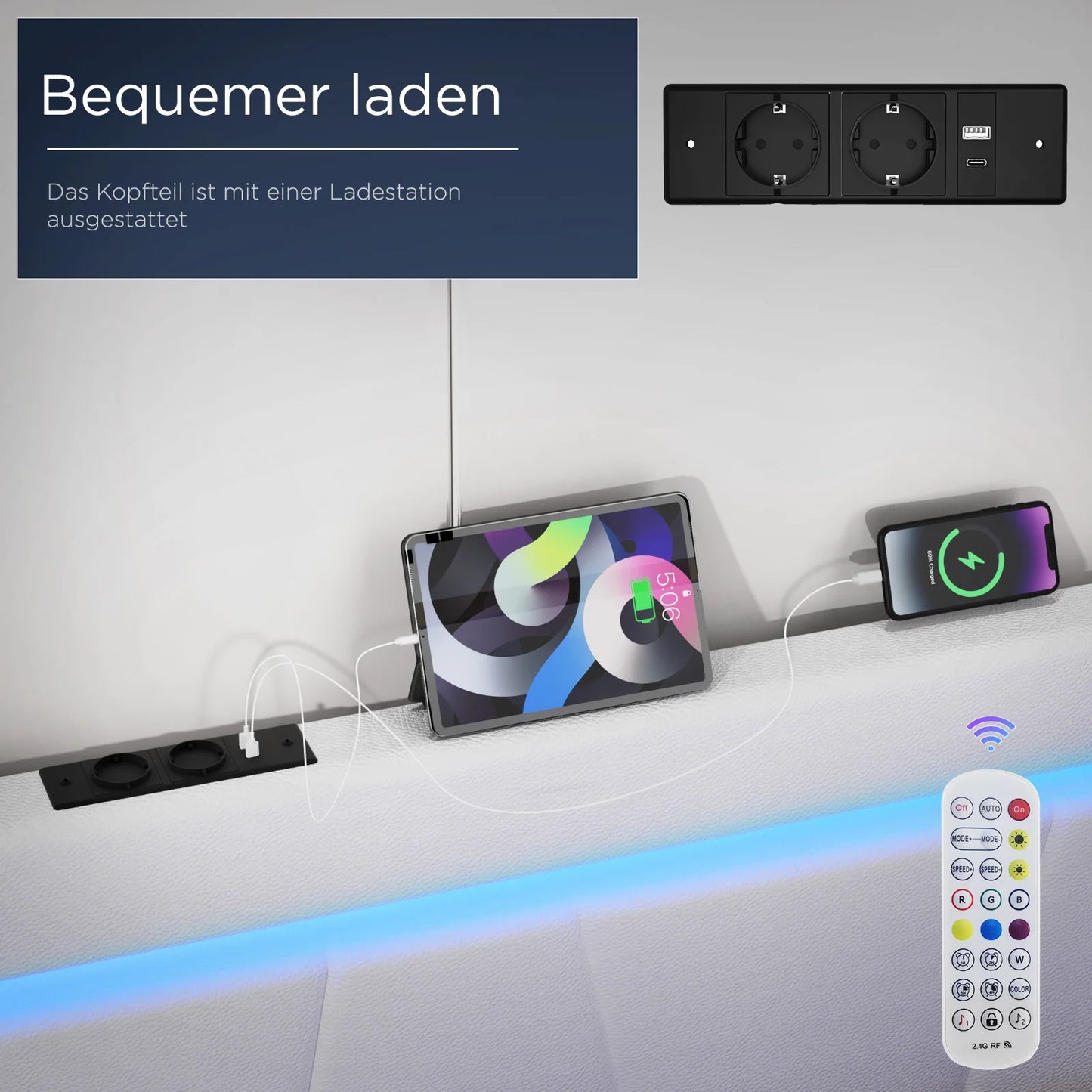 Bed – Bedframe – Boxspring – Tweepersoonsbed – Opbergbed – Met LED-verlichting – Inclusief USB- en Type-C-aansluitingen - 140x200cm - Wit - QUORE