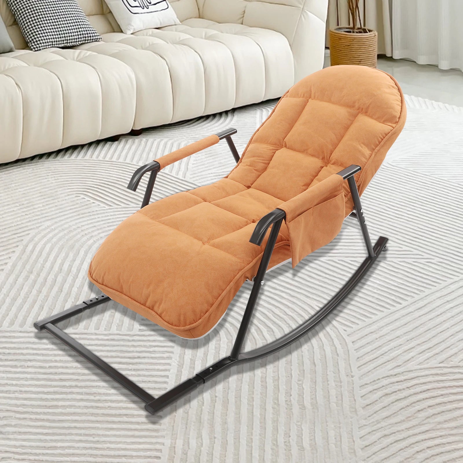 Schommelstoel – Relaxstoel – Fauteuil – Loungestoel – Voedingsstoel – Verstelbare Rugleuning – Tech Stof En Stalen Frame – Comfortabele Gevuld Zitvlak – Oranje - QUORE