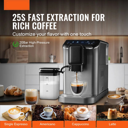 Volledig Automatische Espressomachine – Koffiemachine – Espressoapparaat – Melkopschuimer – Barista Machine – 20 Bar Druk – 15 Maalinstellingen