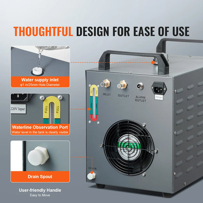 Industriële Waterkoeler - Chiller Industriële – 80W - Luchtgekoeld – 12L Waterreservoir – 12 L/min – Voor CO₂ Lasers tot 80W – Compacte Waterchiller met Alarmfuncties - Grijs
