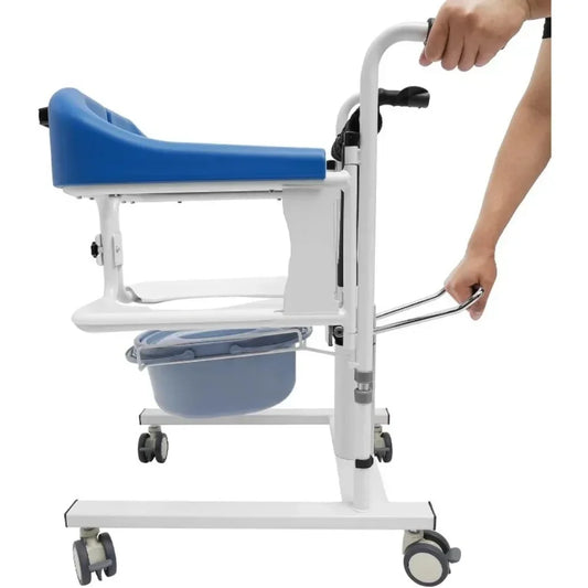 Transportrolstoel - Rolstoel - Rollator - Patiëntenlift - Douchestoel met Wielen voor Senioren – Verplaatsbare Toilet – Comfortabel & Veilig – Wit/Blauw
