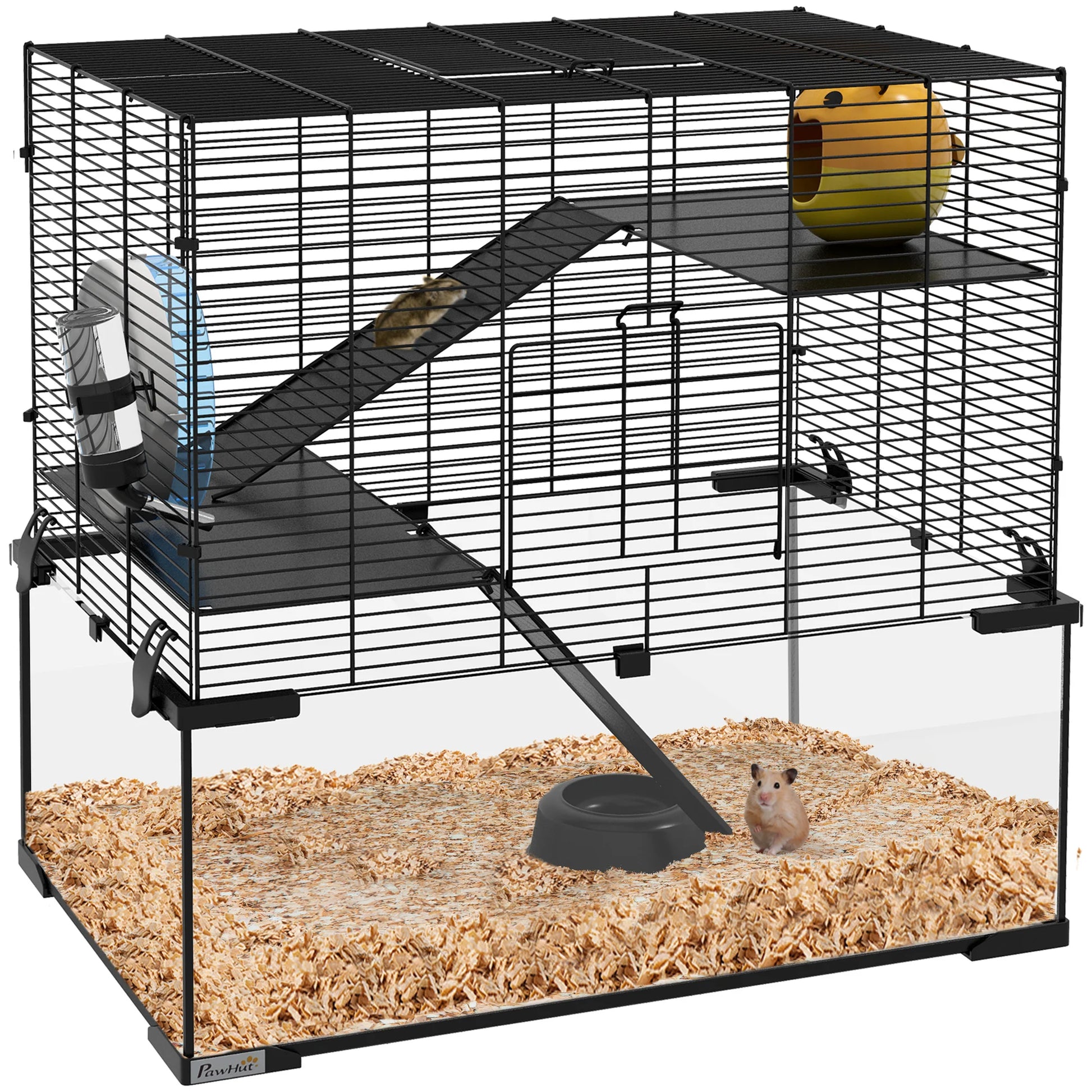Hamsterkooi – Knaagdierenkooi – Hamsterhok – Dwerghamster Kooi – Hamsterhuis – 3-laags Ontwerp – Glazen Bodem - 60 x 40 x 54,5 cm - Zwart - QUORE