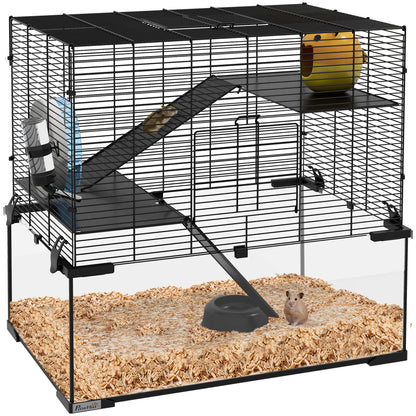 Hamsterkooi – Knaagdierenkooi – Hamsterhok – Dwerghamster Kooi – Hamsterhuis – 3-laags Ontwerp – Glazen Bodem - 60 x 40 x 54,5 cm - Zwart - QUORE