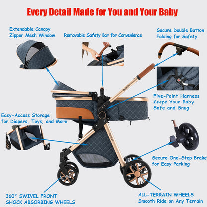 Portable 3 in 1 Baby Stroller with Bassinet and Car Seat Warm Baby Pram High Landscape Infant Pushchair Compact Folding Stroller - QUORE