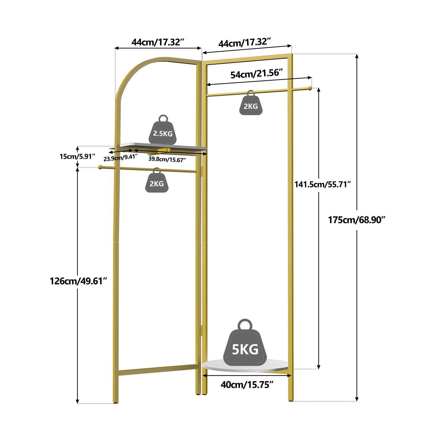 Vrijstaande Gouden Kapstok met Plank - Industrieel Kledingrek met Marmertextuur - 2 Tiers - Stabiele Metalen Constructie