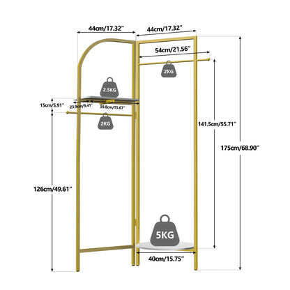 Vrijstaande Gouden Kapstok met Plank - Industrieel Kledingrek met Marmertextuur - 2 Tiers - Stabiele Metalen Constructie