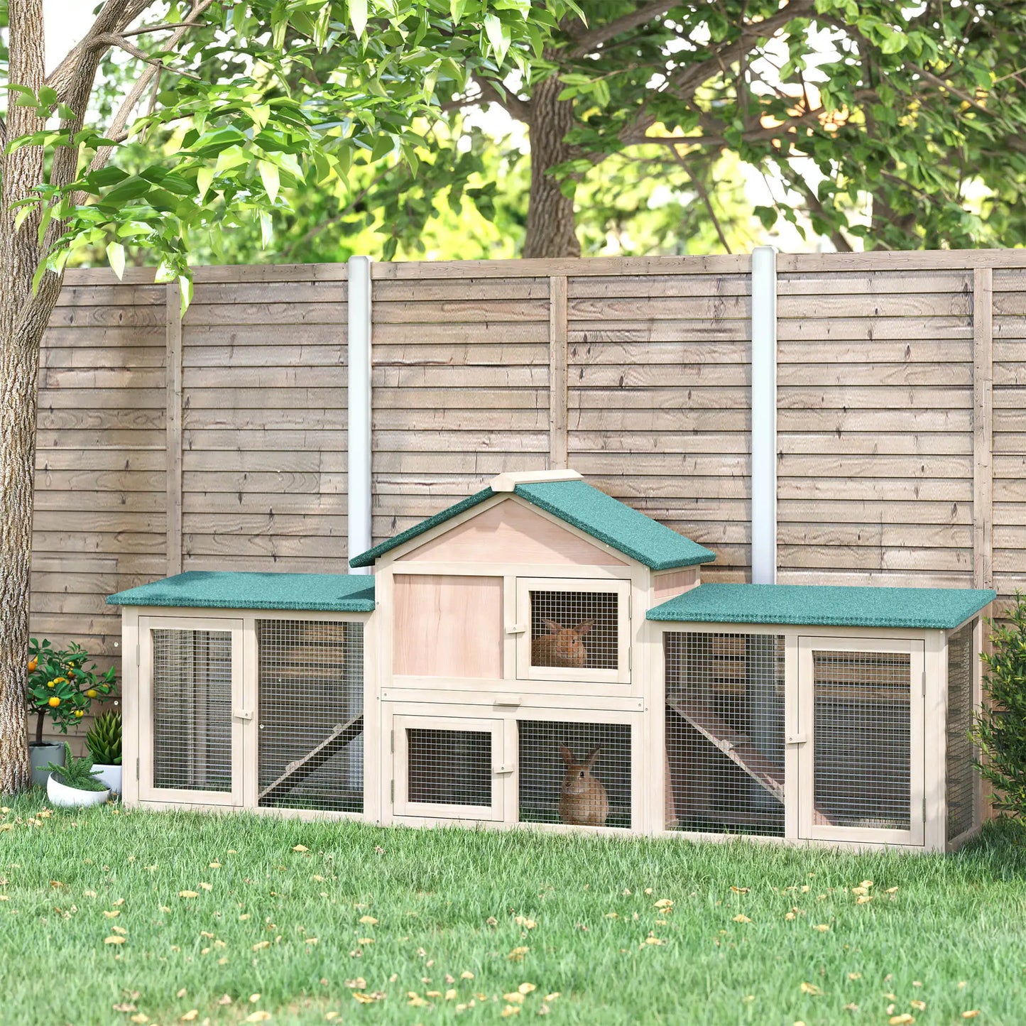 PawHut outdoor hutch for 2-4 rabbits with asphalt roof tray