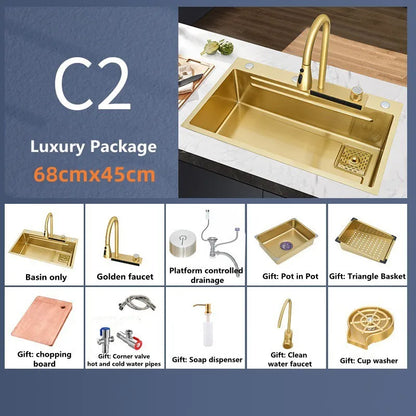 Spoelbak – Gootsteen – Keukenspoelbak – Wasbak – Enkele Spoelbak – 304 Roestvrij Staal – Waterval Afvoersysteem – 68x45cm – Gouden Afwerking