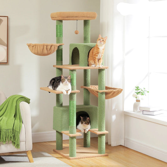 Kattenboom - voor Grote Binnenkatten – Krabpaal - Hoog Kattenmeubel - met Sisal Krabpalen - Extra Grote Hangmat - 2 Kattenhuisjes - Meerdere Verdiepingen – Arbre a Chat - 169cm - Groen