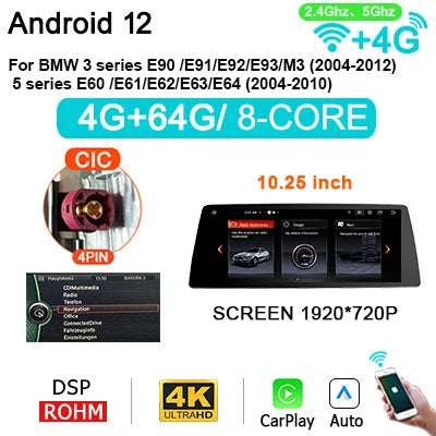 Draadloze CarPlay Android 14 Autoradio – Multimedia Systeem – Touchscreen Navigatie – BMW 3- & 5-Serie E60-E93 – Plug & Play – Groot 10,25/12,3 Inch Display