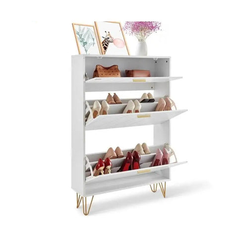 Shoe rack - Shoe cabinet - 3 folding drawers - 80 x 23.9 x 120 cm - P2 chipboard - iron - white