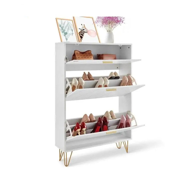 Shoe rack - Shoe cabinet - 3 folding drawers - 80 x 23.9 x 120 cm - P2 chipboard - iron - white
