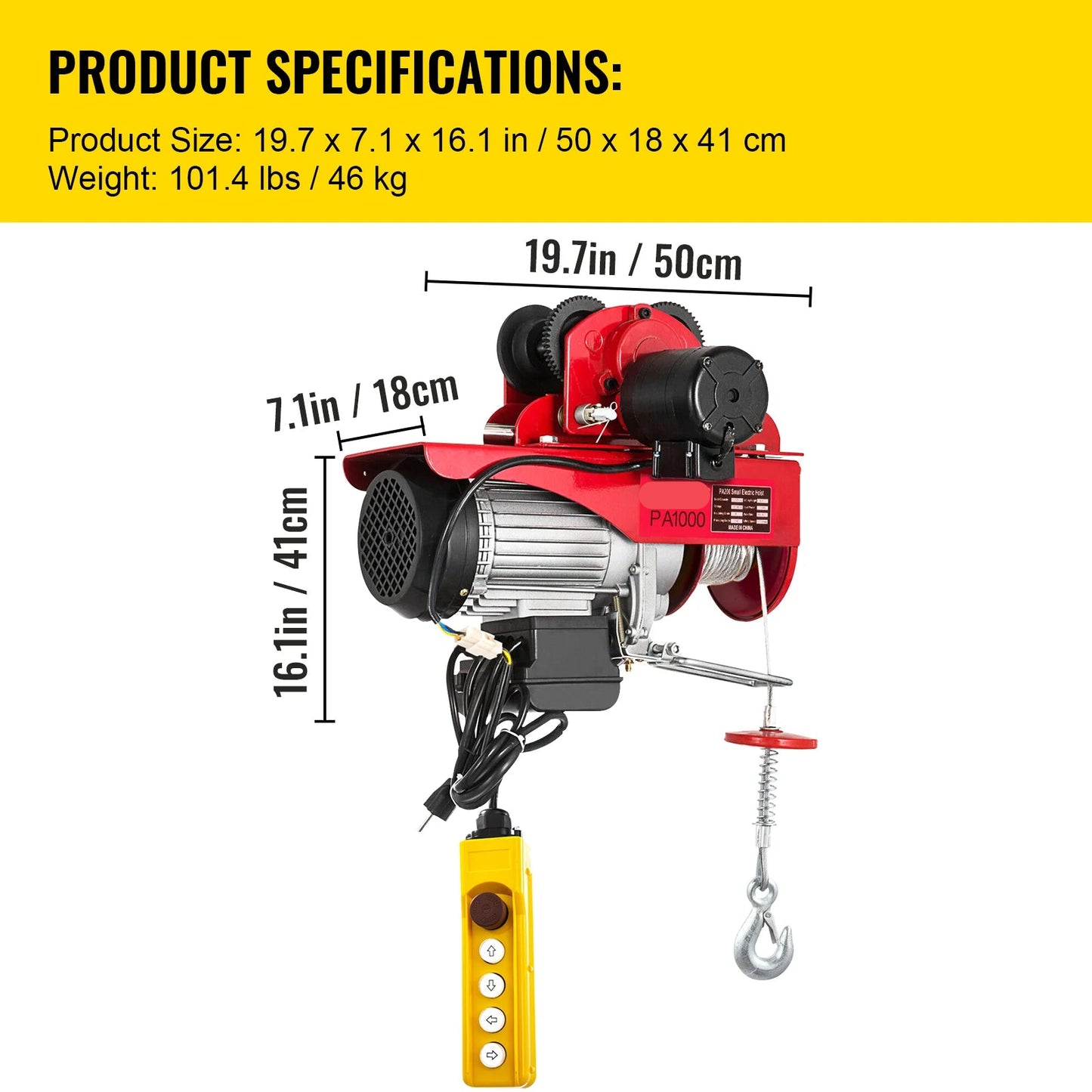 Takel - Lier - Winch - Kabeltakel - Elektrische - 1000kg - met Loopkat – Bedrade Lier voor Overhead Hijswerk in Garage of Werkplaats