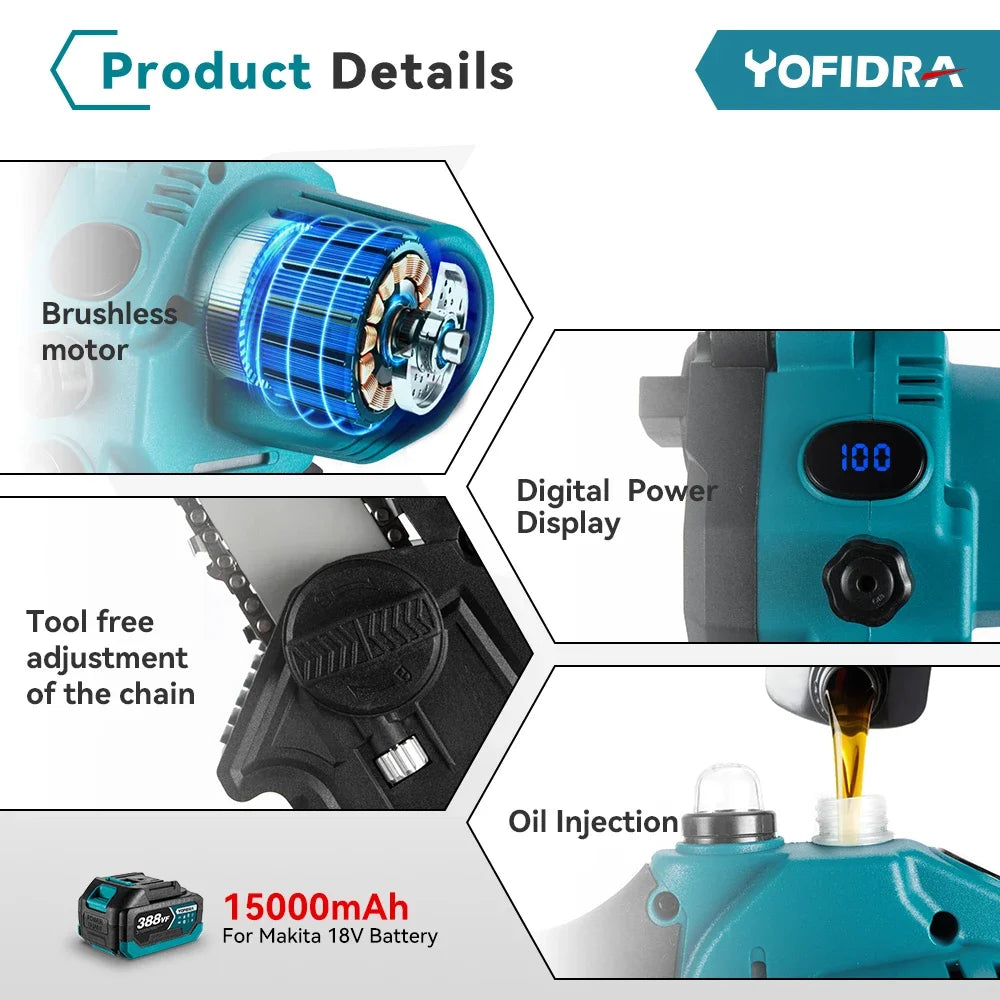 YOFIDRA 8 Inch Mini Brushless Electric Chainsaw Cordless Pruning Saw Cordless Woodworking Garden Tool For Makita 18V Battery Pin - QUORE