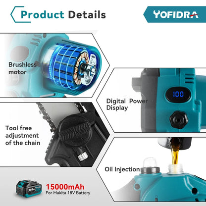 YOFIDRA 8 Inch Mini Brushless Electric Chainsaw Cordless Pruning Saw Cordless Woodworking Garden Tool For Makita 18V Battery Pin - QUORE