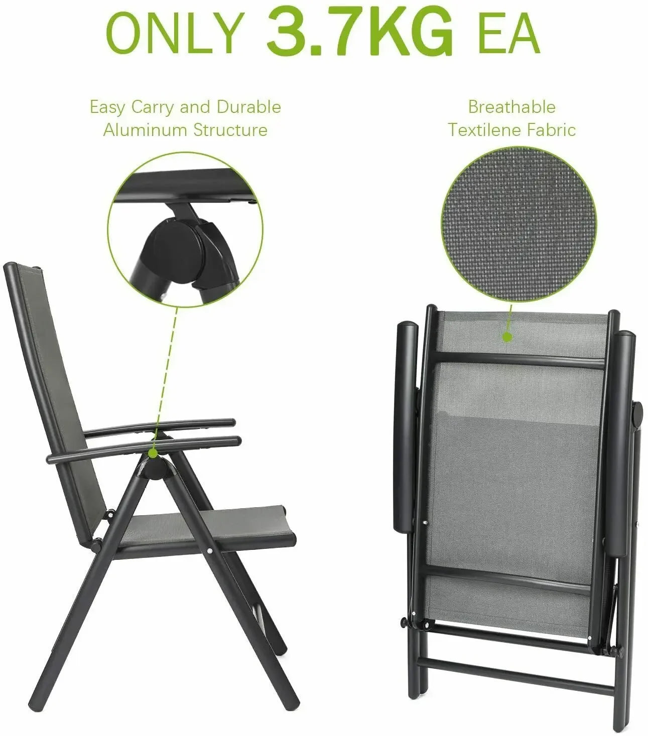 Tuinstoel - Set van 2 - Tuinmeubelset - Tuinmeubel - Heavy Duty - Durable - Adjustable - Reclining - Folding Chair - 7-voudig Verstelbaar - voor Buiten - Binnen - Tuin - Zwembad - 52 x 68 x 107 cm - Grijs