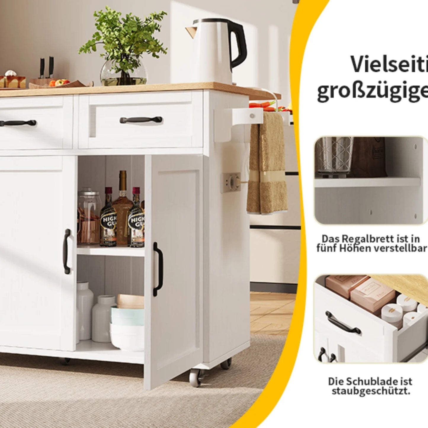Keukentrolley – Serveerwagen – Keukenwagen – Keukenkast – Opbergtrolley – Inklapbaar Zijblad – Ingebouwde Stopcontacten