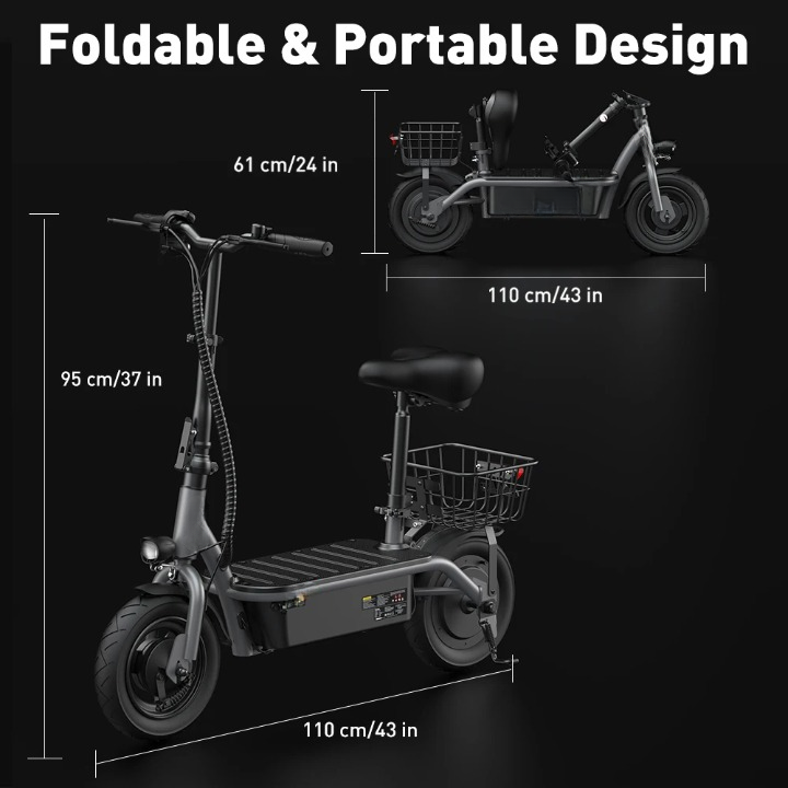 Scooter - Elektrische Step - E-Scooter - Opvouwbare - met Koplampen - Achterlichten - Mand - Verstelbare Stoel - 7.8Ah - 500W - 36V - 30km/h - 110 x 95 cm - Zwart
