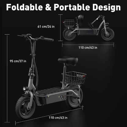 Scooter - Elektrische Step - E-Scooter - Opvouwbare - met Koplampen - Achterlichten - Mand - Verstelbare Stoel - 7.8Ah - 500W - 36V - 30km/h - 110 x 95 cm - Zwart