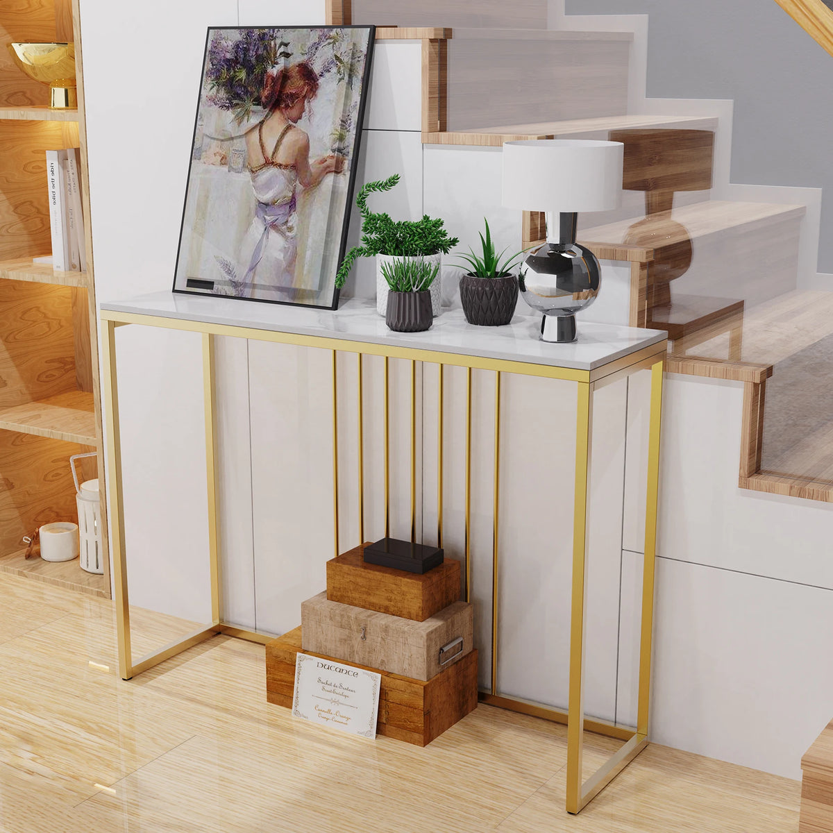 Tafel - Consoletafel - Haltafel - Moderne & Minimalistisch Consoletafel – Marmeren Look – Smalle Haltafel met Gouden Metaal Frame – Luxe Bijzettafel - voor Woonkamer - Gang - Entree - 100x30x78.5cm - Wit - QUORE